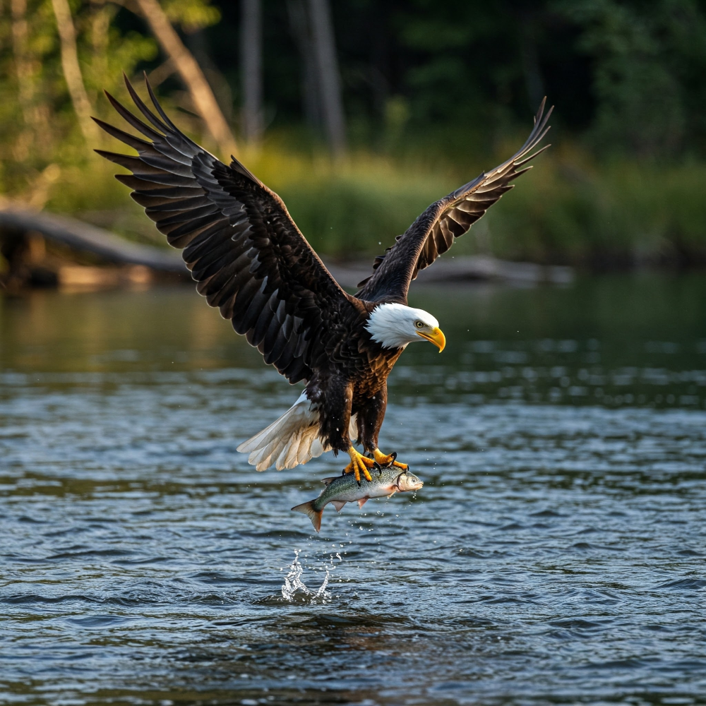 bald eagle hunts a fish from a river
